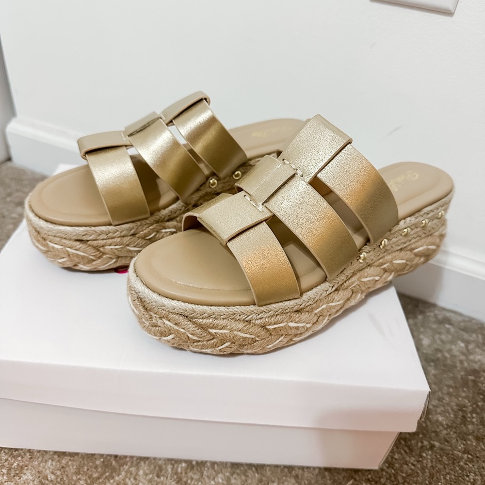 NWTs Gold Platform Wedge Sandals. Size 7.5